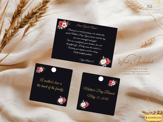 Thank You Mom Card Printable featuring elegant black background, radiant gold typography, and red and white watercolor-inspired rose florals, fully editable in Canva for a refined and heartfelt Mother’s Day gift.