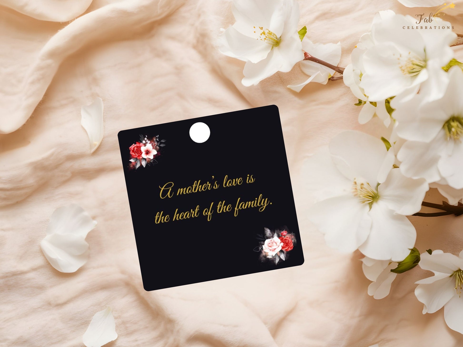 Thank You Mom Card Printable gift tag front featuring romantic rose bouquet artwork, sophisticated typography, and elegant black background inspired by timeless French-style floral stationery.