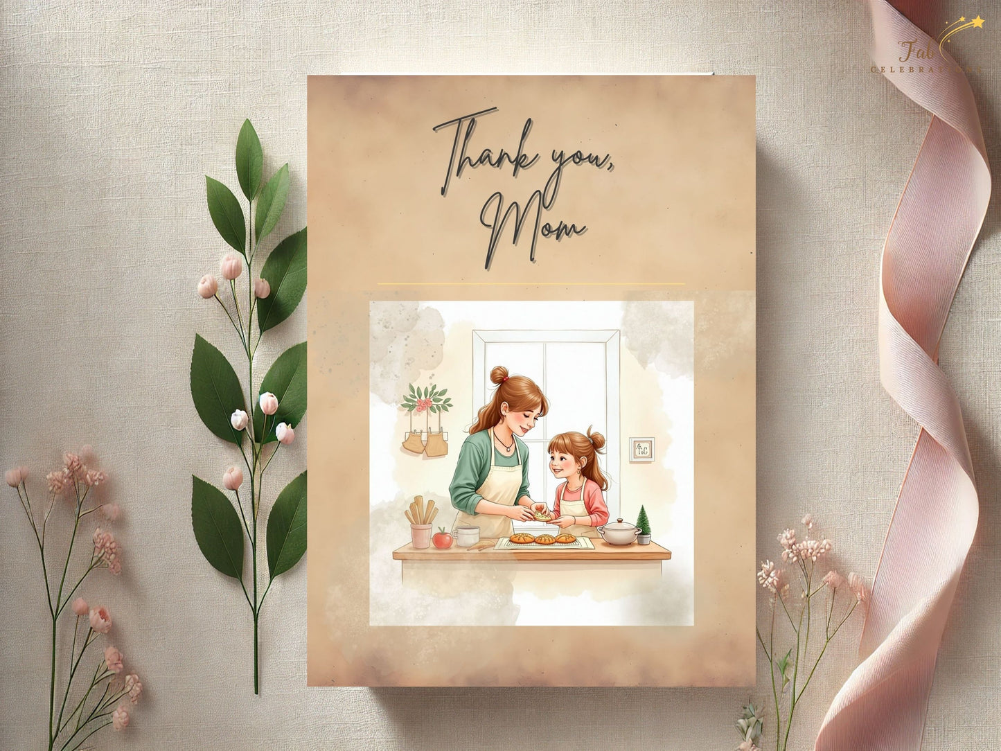 Thank You Mom Card Printable personalized example displaying a custom gratitude message for mom, styled with elegant typography, balanced composition, and soft neutral pastel tones.