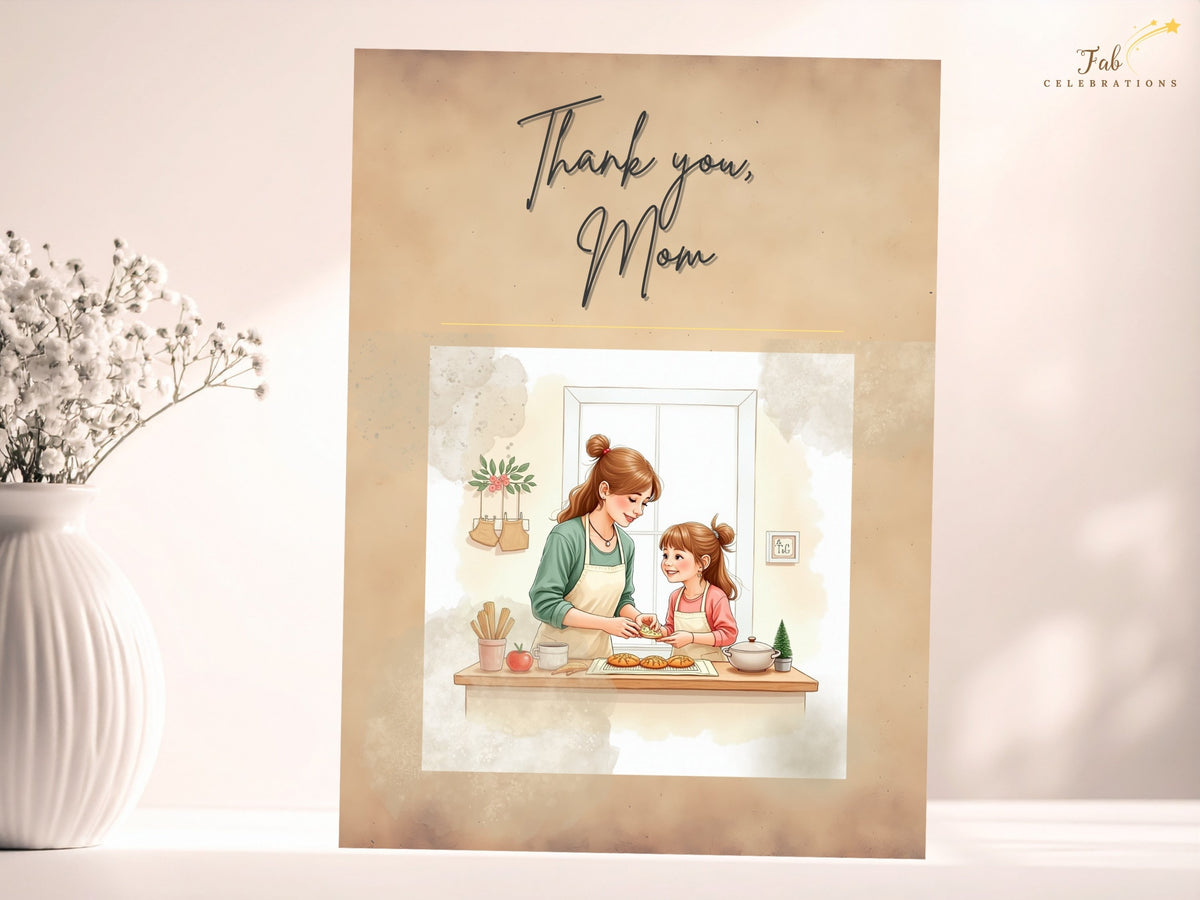 The card front pairs Thank you, Mom calligraphy with a tender illustration of mother and daughter baking together, rendered in gentle watercolor-inspired colors for Mother’s Day.
