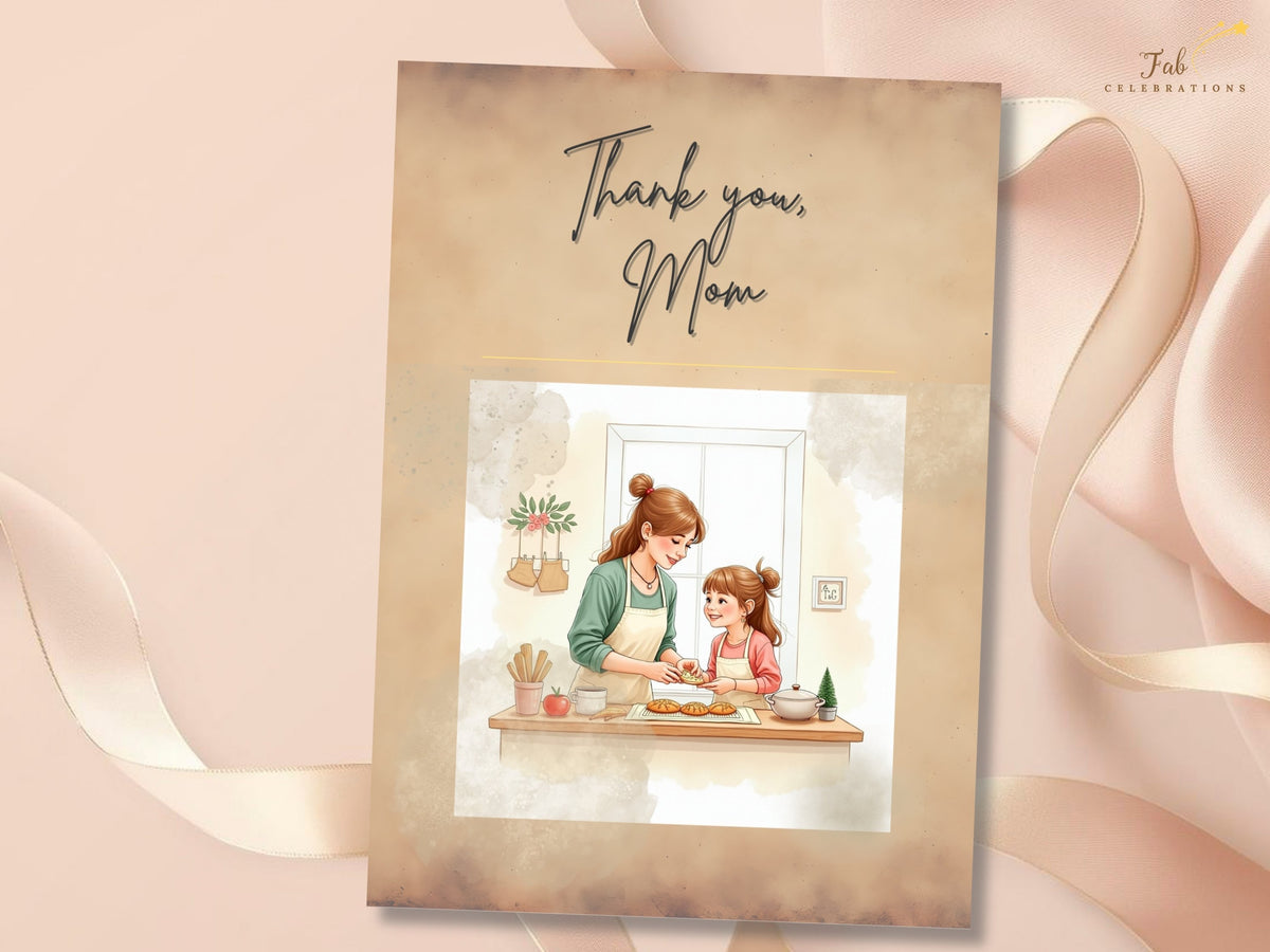 Illustrated Mother’s Day thank-you card with black script lettering and a mother and daughter preparing treats together, presented as an editable Canva greeting card design.