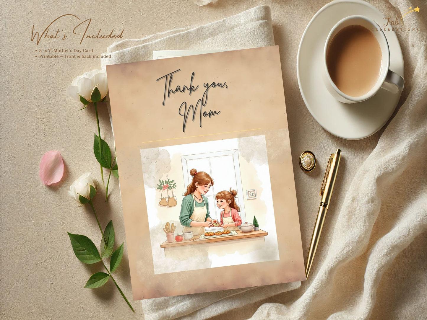 Thank You Mom Card Printable featuring a tender mother and daughter baking together in a cozy kitchen scene, illustrated in soft watercolor-inspired neutral tones with elegant typography and timeless feminine charm.