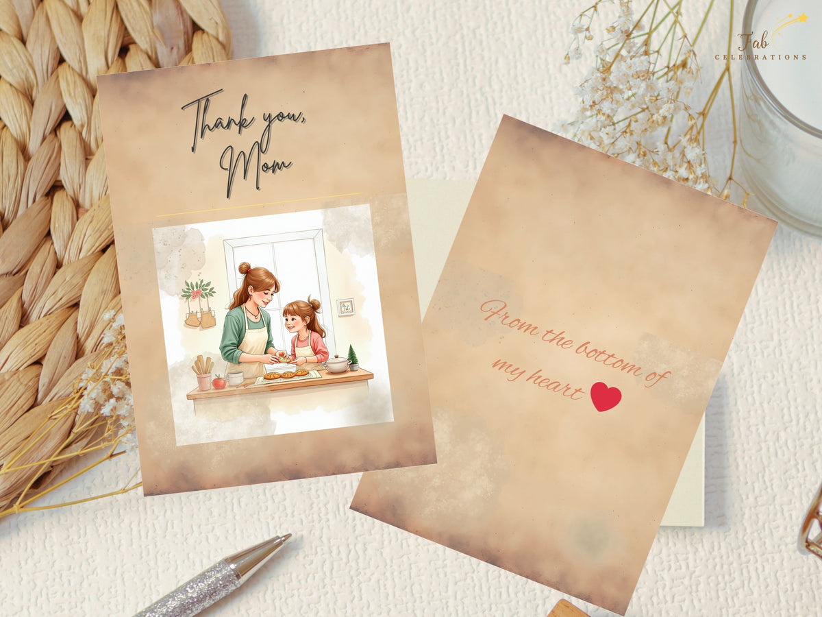 Mother’s Day card front with handwritten Thank you, Mom lettering and matching customizable back reading From the bottom of my heart, allowing you to add your own name, signature, or heartfelt closing in Canva.