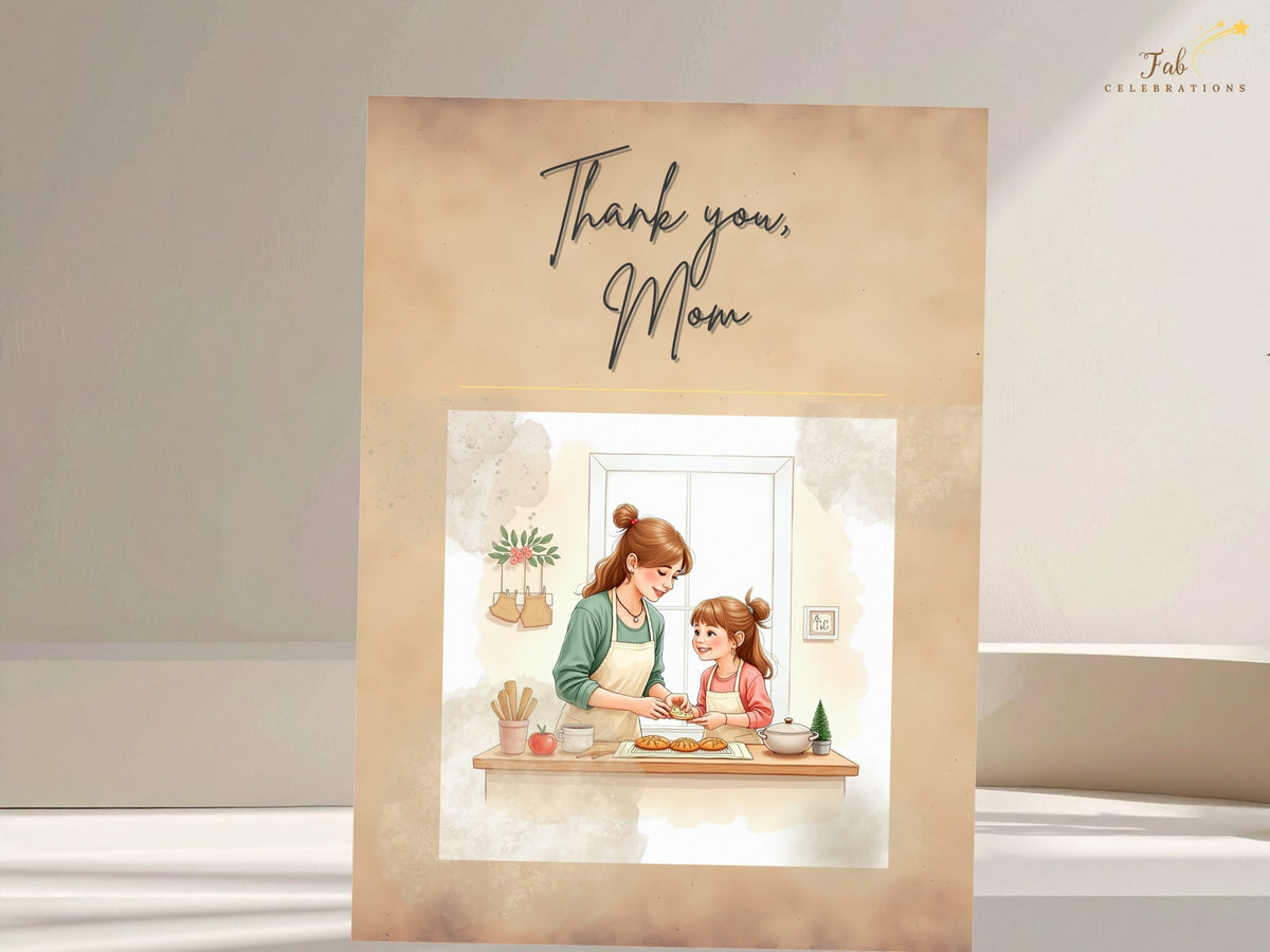 Thank you, Mom printable greeting card front featuring a sweet baking-together illustration, dark flowing lettering, and soft beige watercolor-inspired artwork for a personal gift.