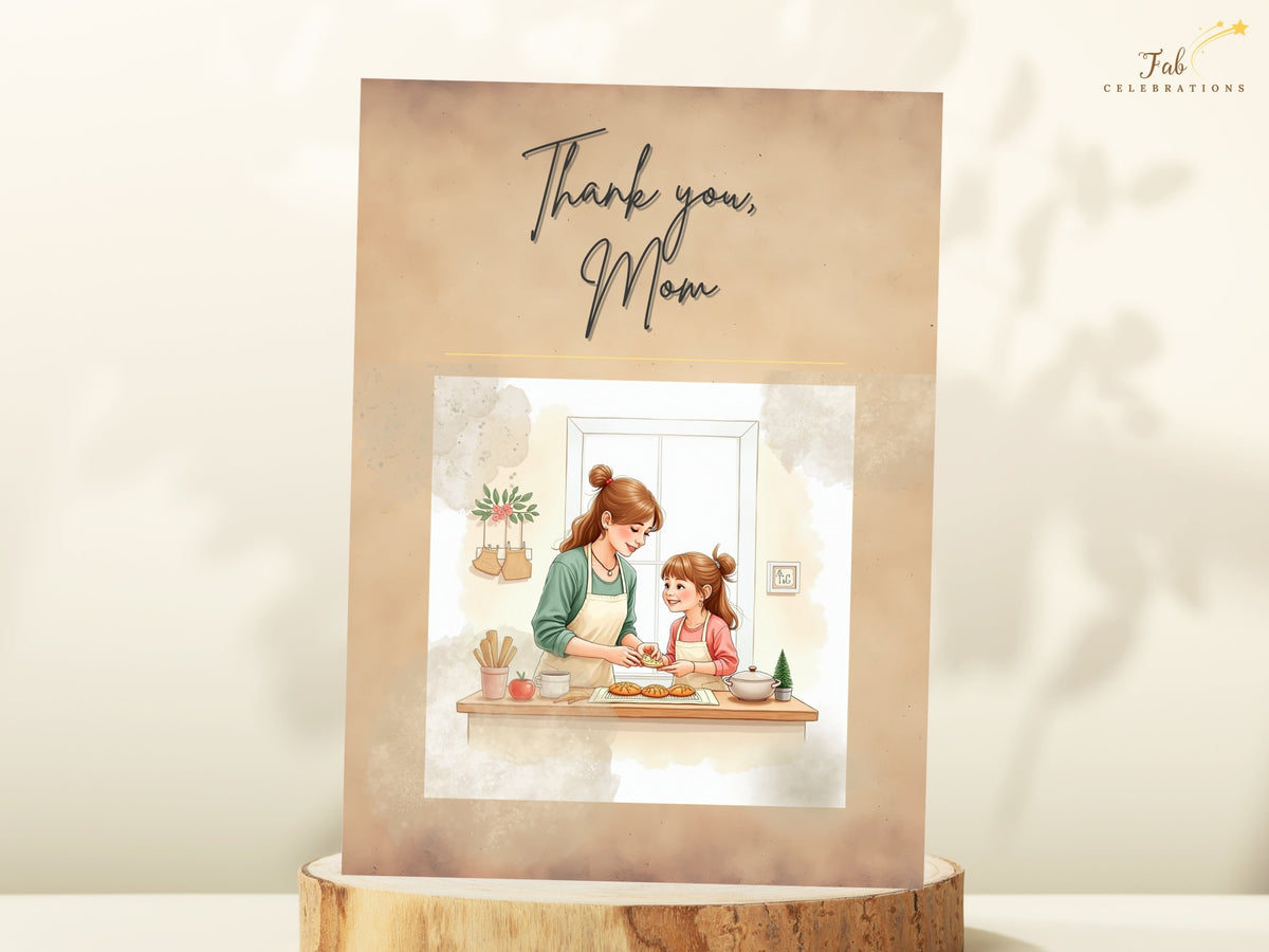 A warm, watercolor-inspired Mother’s Day card front showing a mother and daughter enjoying a kitchen activity, with the prominent handwritten Thank you, Mom message above.