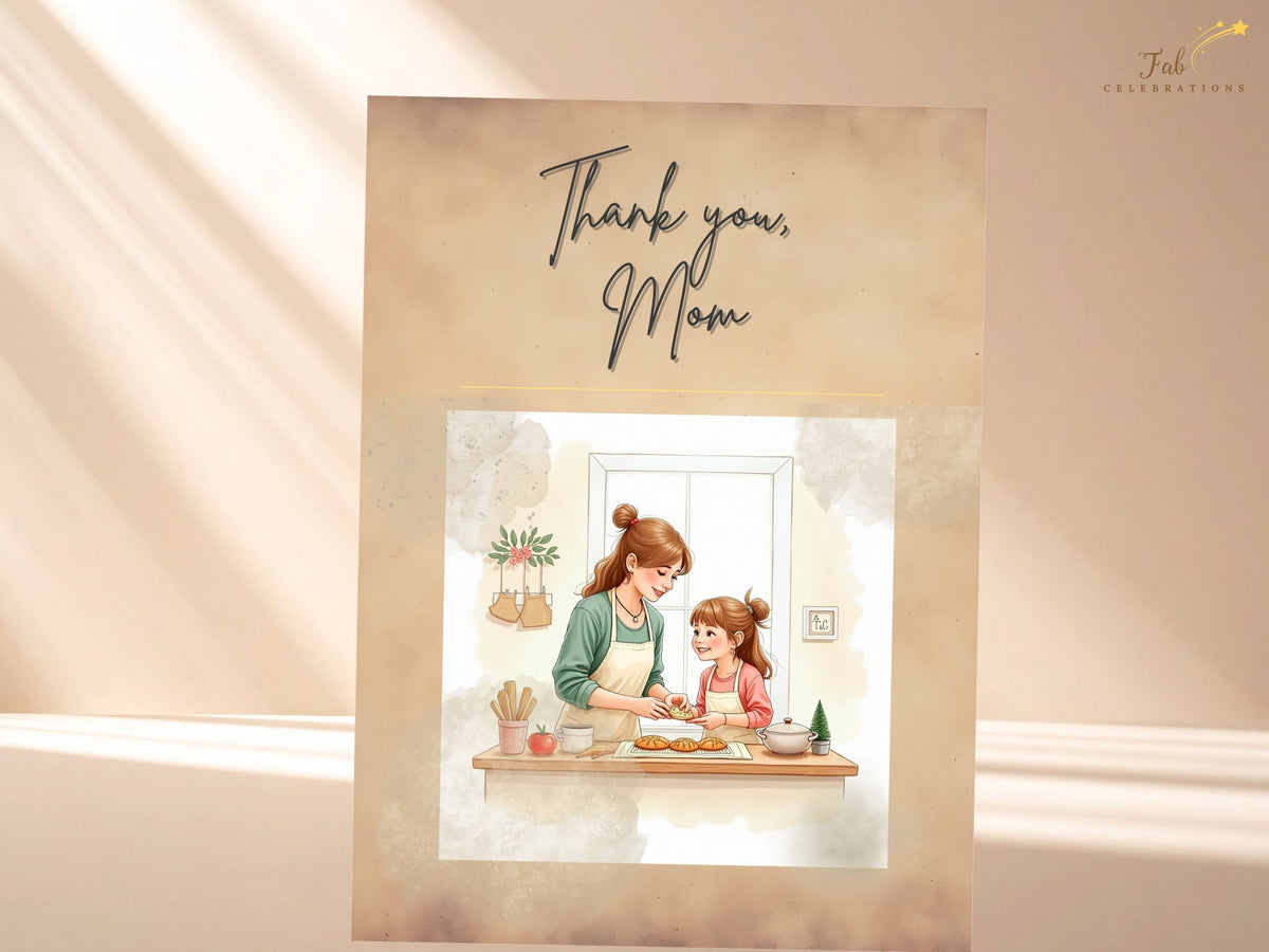 A simple elegant printable Mother’s Day card with a mother and daughter working together in the kitchen, framed by warm neutral tones and the handwritten Thank you, Mom message.