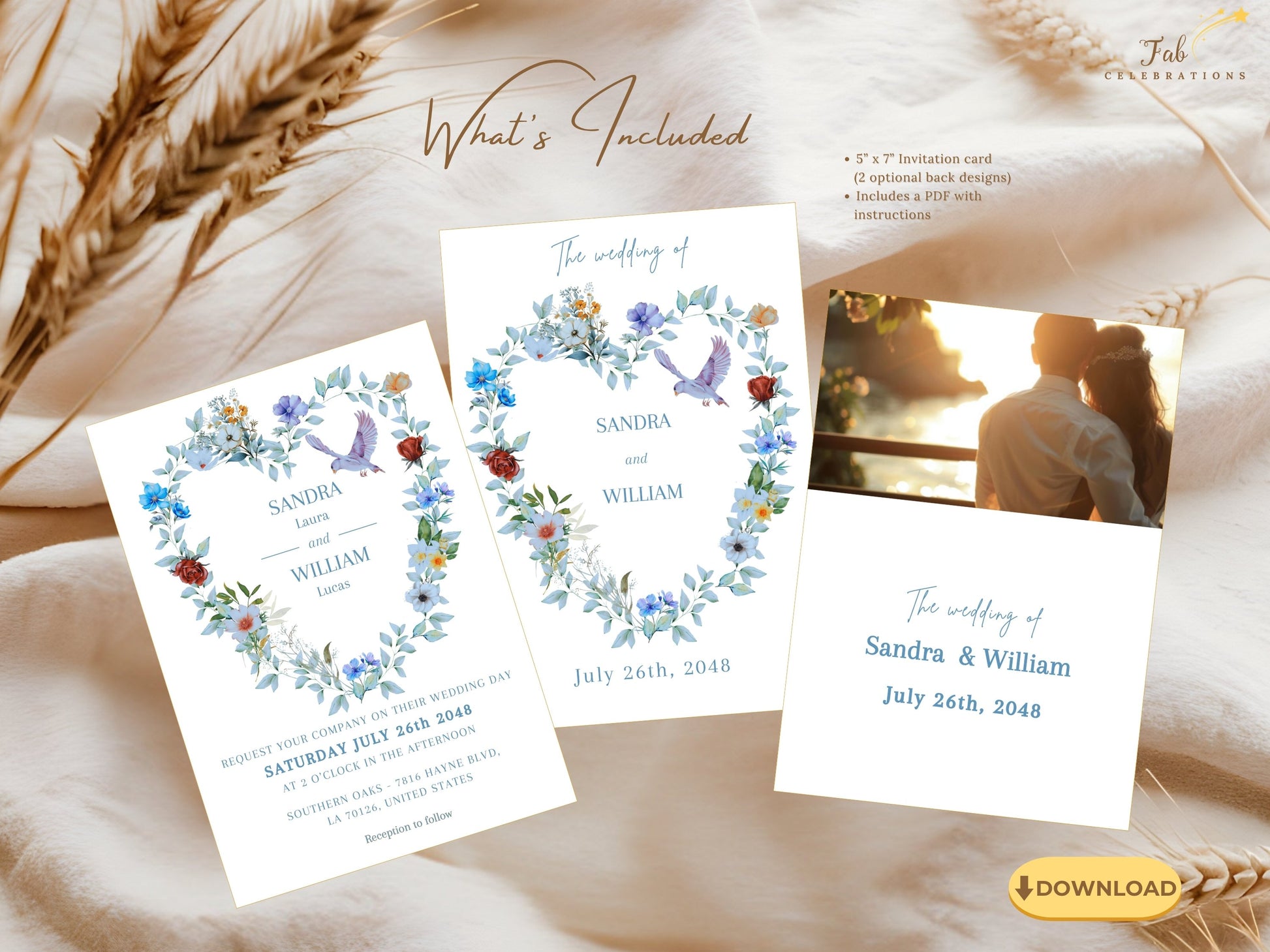 Editable Elegant Boho Wedding Invitation with soft dusty blue florals, botanical heart wreath details and elegant typography designed for meaningful wedding announcements.