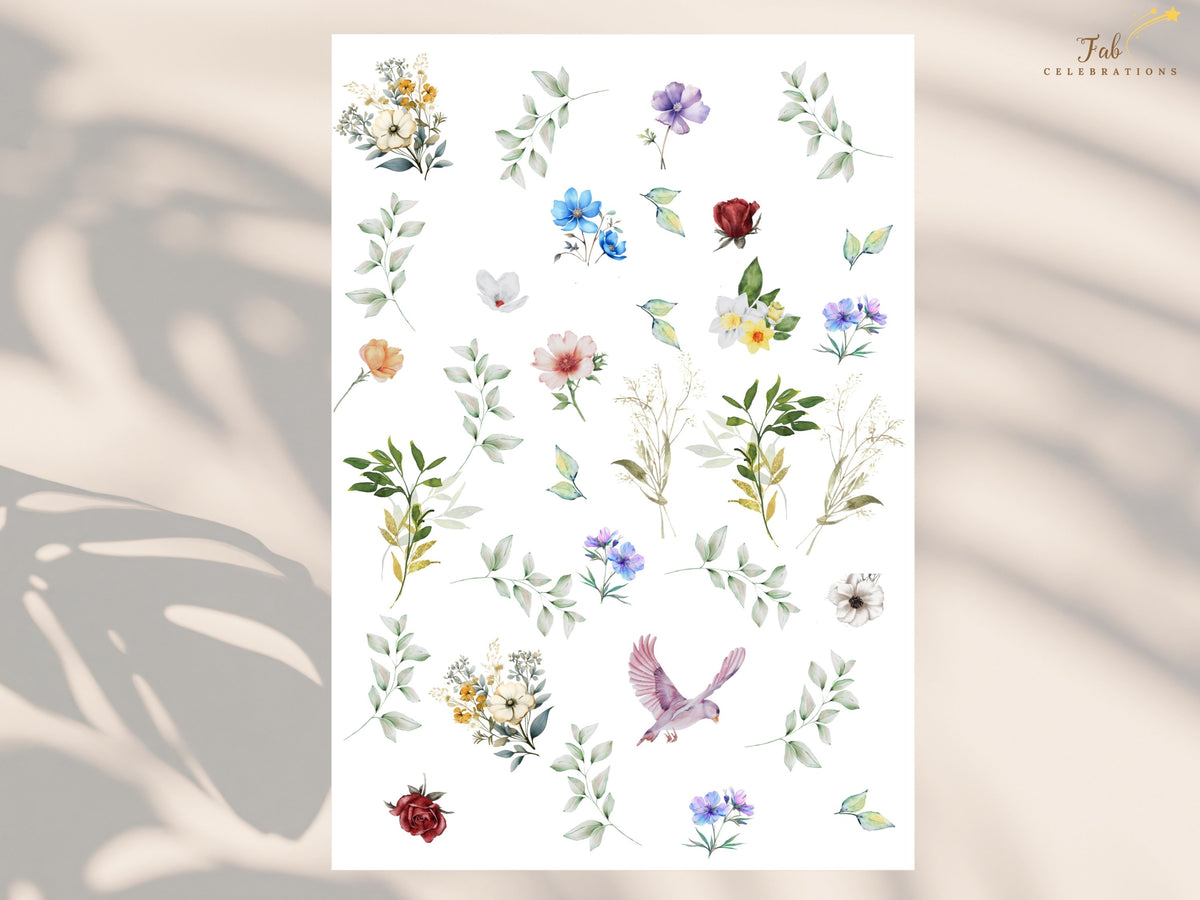Watercolor-inspired floral and botanical design elements used throughout the wedding collection, featuring delicate multicolored blossoms, leafy sprigs, soft greenery and graceful dove illustrations.