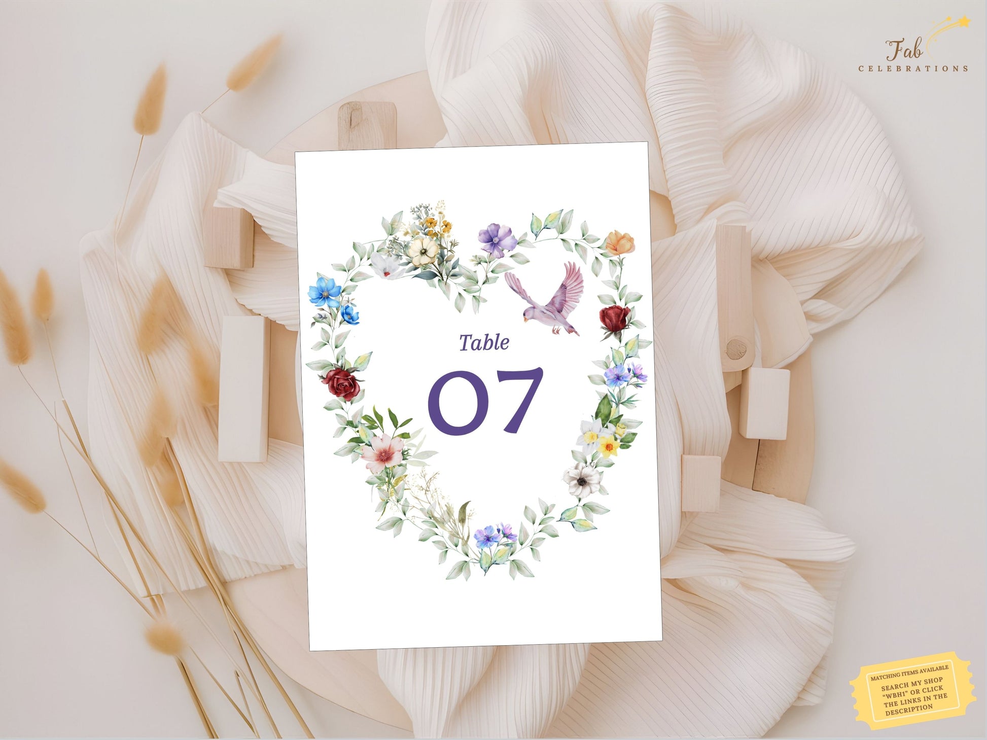 Watercolor dove wedding template editable Canva layout with customizable numbers, text and colors, designed for DIY brides seeking rustic and bohemian table decor.
