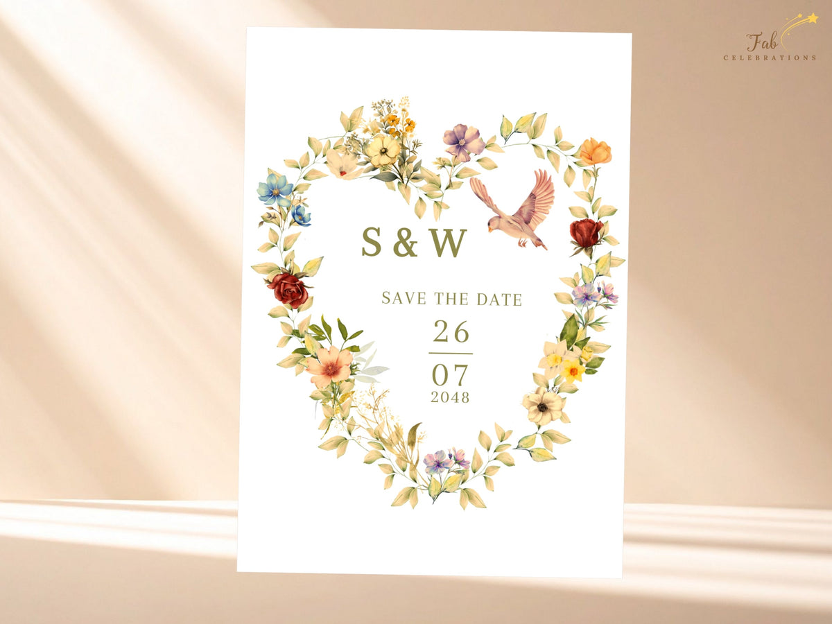 Wedding Save the Date Card featuring a watercolor-inspired heart of delicate garden flowers and greenery, with two doves and editable initials and date for a personalized announcement.