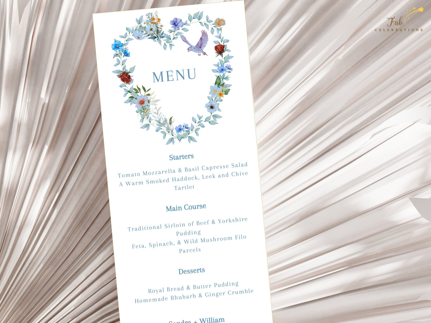 Printable wedding menu template with watercolor-style blue florals, romantic botanical artwork and elegant layout for timeless wedding celebrations.