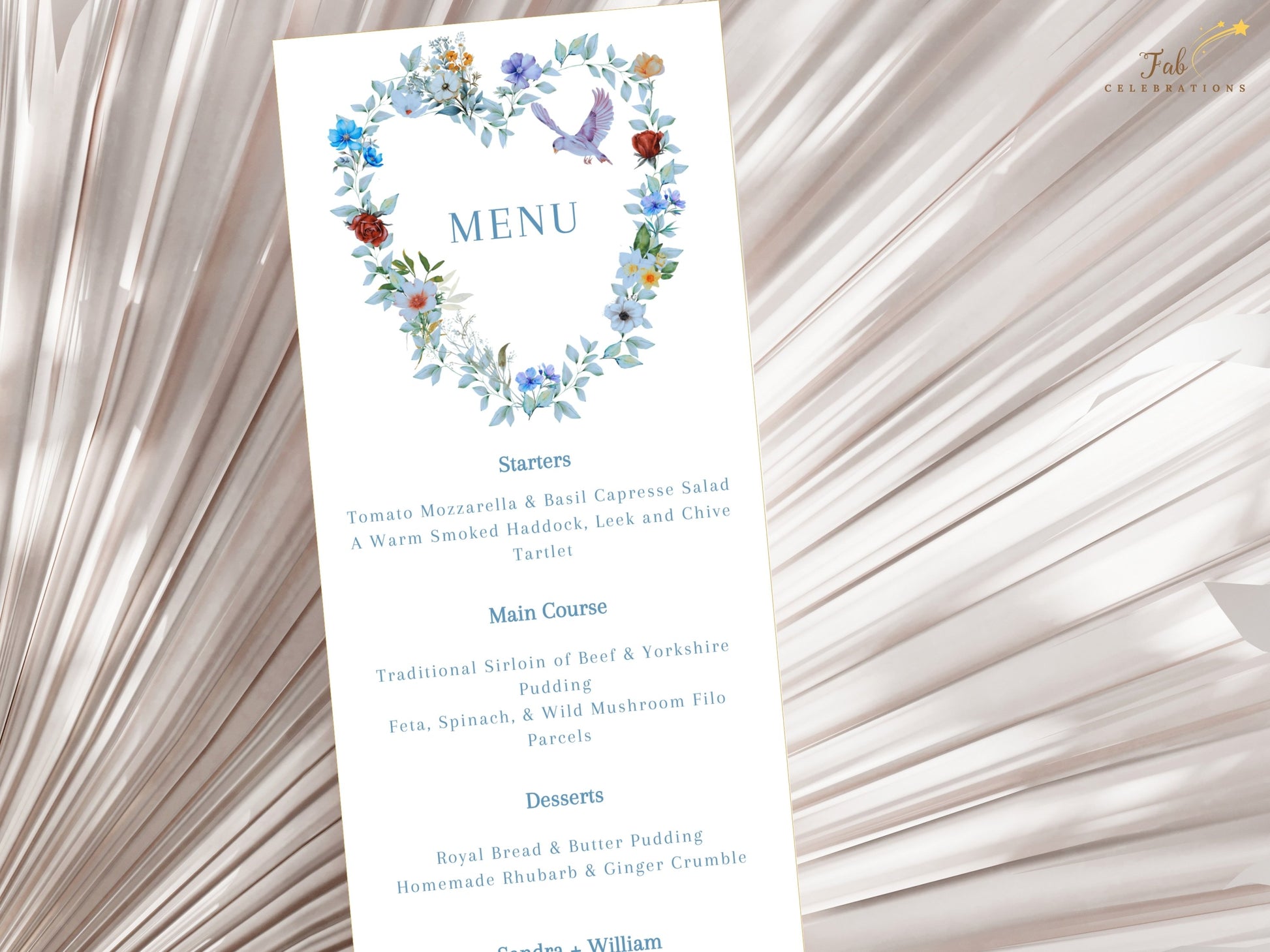Printable wedding menu template with watercolor-style blue florals, romantic botanical artwork and elegant layout for timeless wedding celebrations.