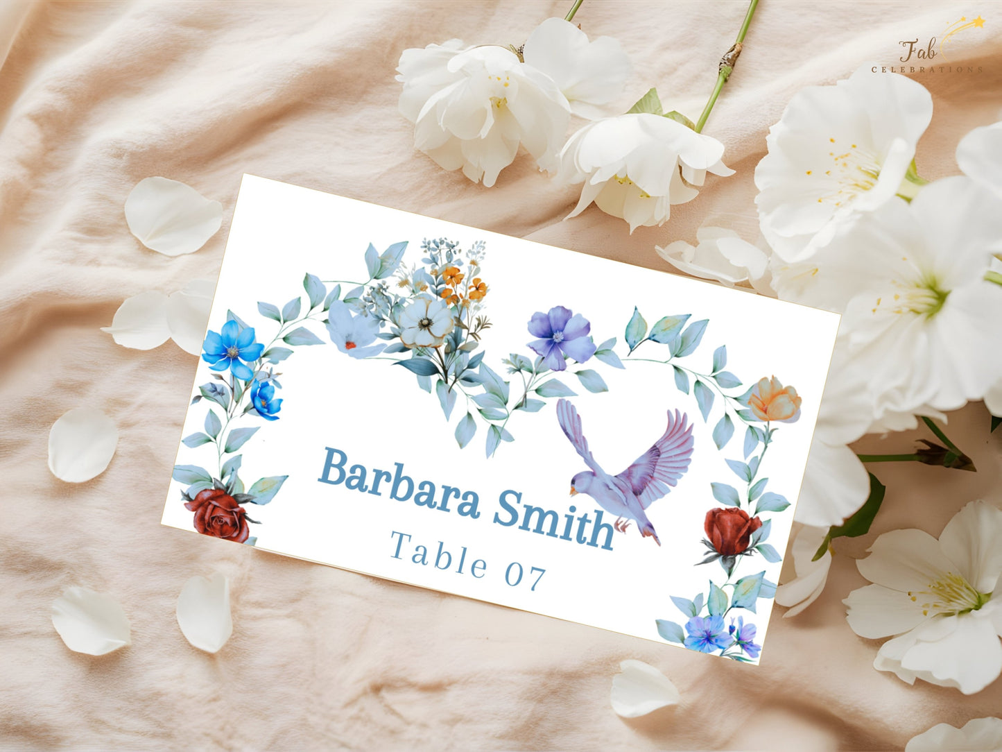 Wedding name card featuring a graceful dove beside the guest name, surrounded by delicate floral accents symbolizing peace, unity and everlasting love.