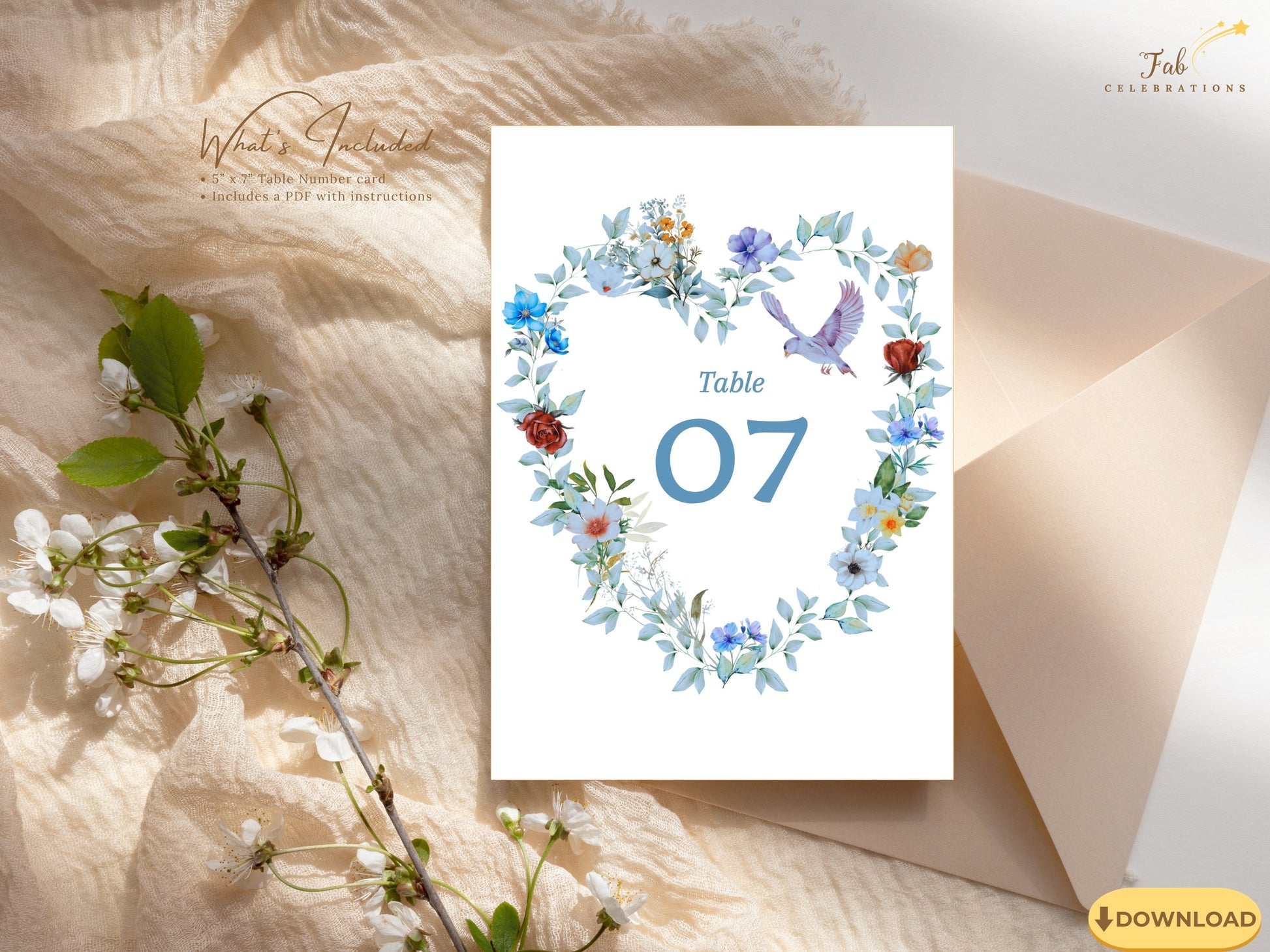 Elegant Wedding Table Number Card featuring a watercolor-inspired blue floral heart design with a graceful dove, editable Canva template created for romantic and elegant wedding receptions.