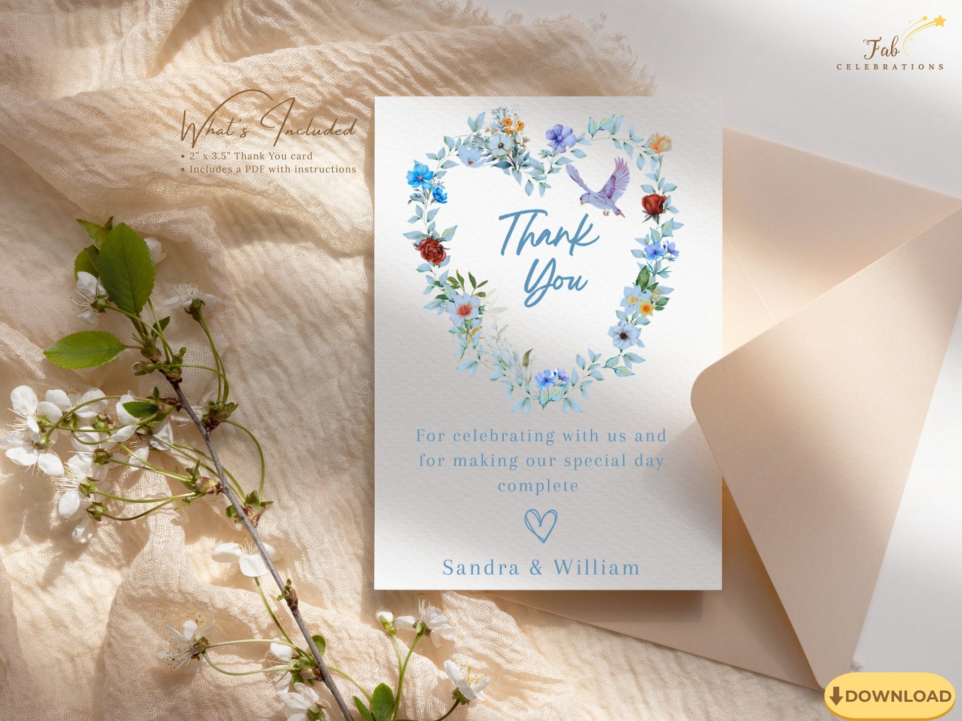 Elegant Wedding Thank You Card featuring a watercolor-inspired blue floral heart wreath with a graceful dove, editable Canva template created for romantic and elegant wedding celebrations.