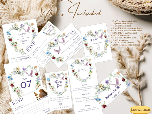 Watercolor wedding invitations boho suite with romantic floral designs, dove motifs and French-inspired typography, perfect for rustic countryside weddings and poetic outdoor ceremonies.