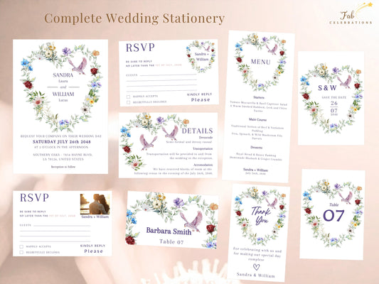 Watercolor Wedding Invitations complete suite of eleven coordinated templates featuring a floral heart and dove design across invitations, RSVP cards, details and matching reception stationery.