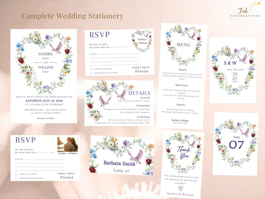 Watercolor wedding invitations complete wedding stationery collection featuring 11 editable Canva templates including invitation, RSVP, details, save the date, menu, table number, place card and thank you card with watercolor-inspired floral heart and dove motifs.