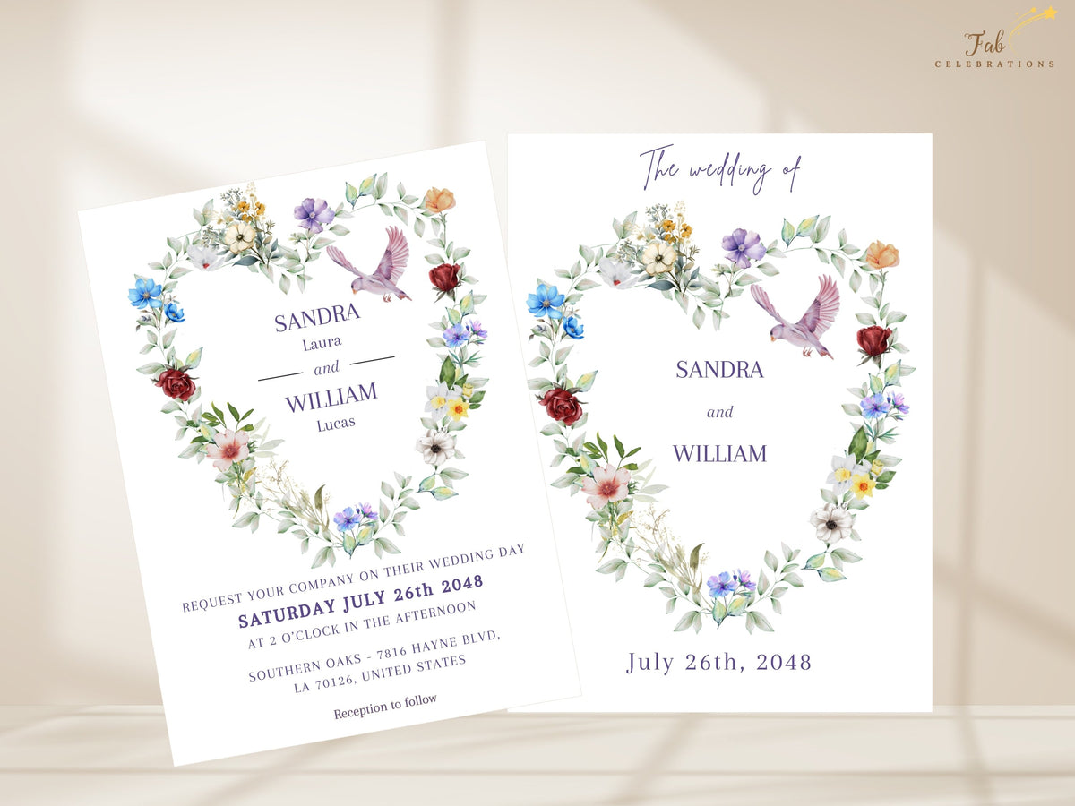 Wedding invitation front and coordinating text back shown together with a watercolor-inspired heart of multicolored flowers, leafy greenery and graceful dove details in an elegant romantic design.