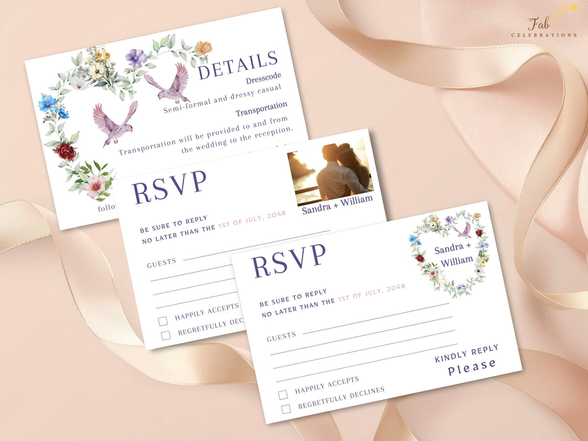 Two coordinating RSVP cards, including one with a couple photo, shown with a matching wedding details card decorated with watercolor-inspired flowers, greenery and delicate dove accents.