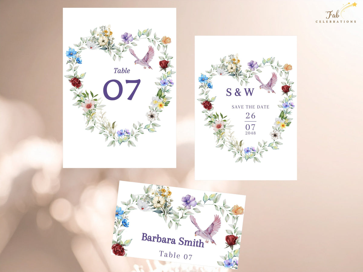 Three coordinated wedding stationery templates featuring a floral table number, save the date and personalized place card, each decorated with watercolor-inspired flowers, greenery and dove details.