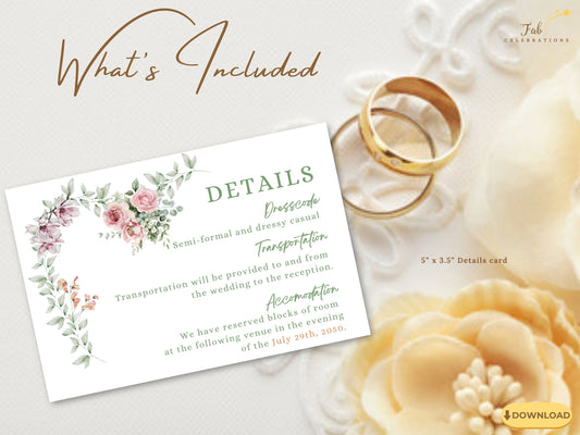 Printable wedding details card editable via Canva, created with refined florals and artistic layout to complement any romantic wedding suite.