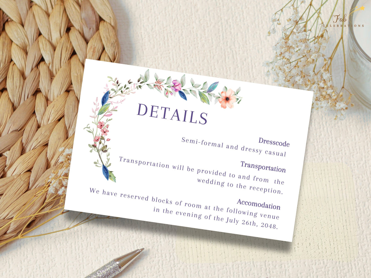 Editable Canva wedding details card featuring watercolor-inspired flowers and greenery with customizable dress code, transportation, accommodation, and guest information.