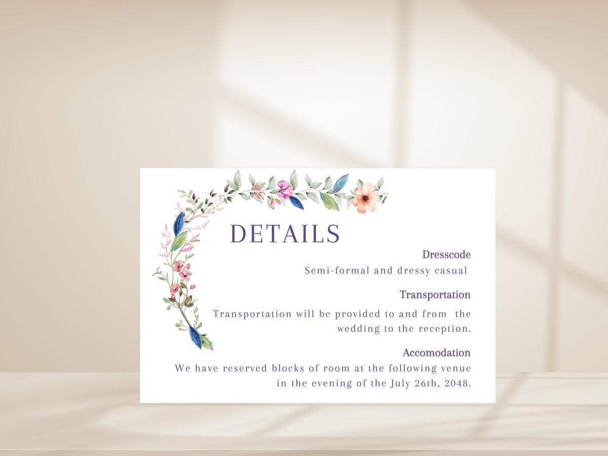 Editable wedding details insert featuring refined watercolor-inspired flowers and greenery with customizable information for transportation, lodging, dress code, and wedding logistics.