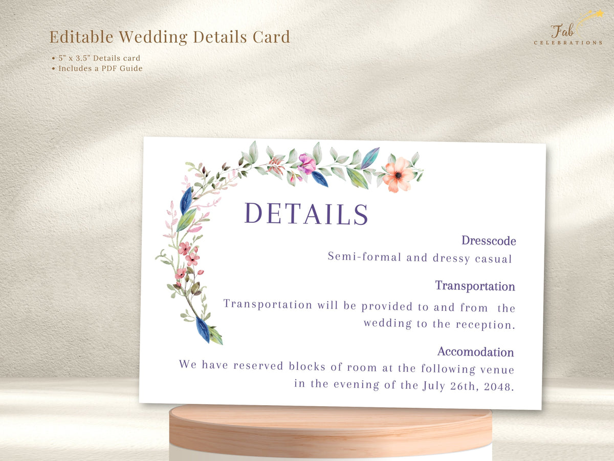 Editable wedding details card shown with descriptive text, featuring watercolor-inspired floral accents and customizable information for dress code, transportation, accommodation, and event logistics.