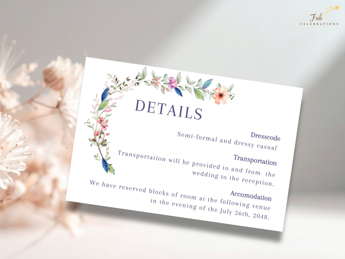 Editable wedding information card decorated with delicate watercolor-inspired florals and customizable sections for dress code, transportation, accommodation, and guest details.