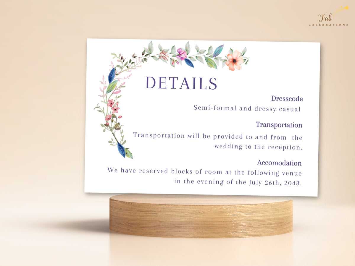 Elegant floral wedding details card decorated with watercolor-inspired blossoms and greenery, with customizable sections for dress code, transportation, accommodation, and event information.