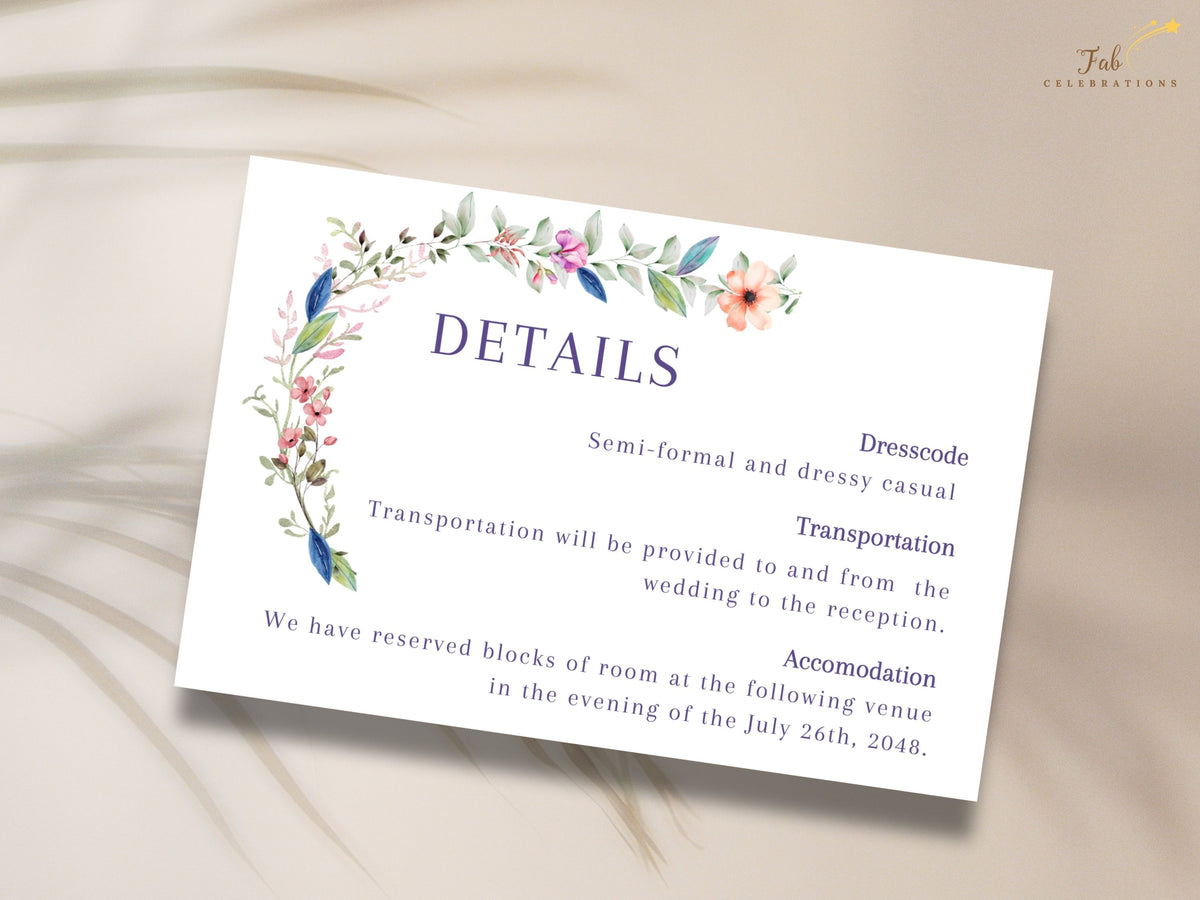 Floral wedding information card with editable accommodation, transportation, and dress code details, framed by delicate watercolor-inspired blossoms and botanical greenery.