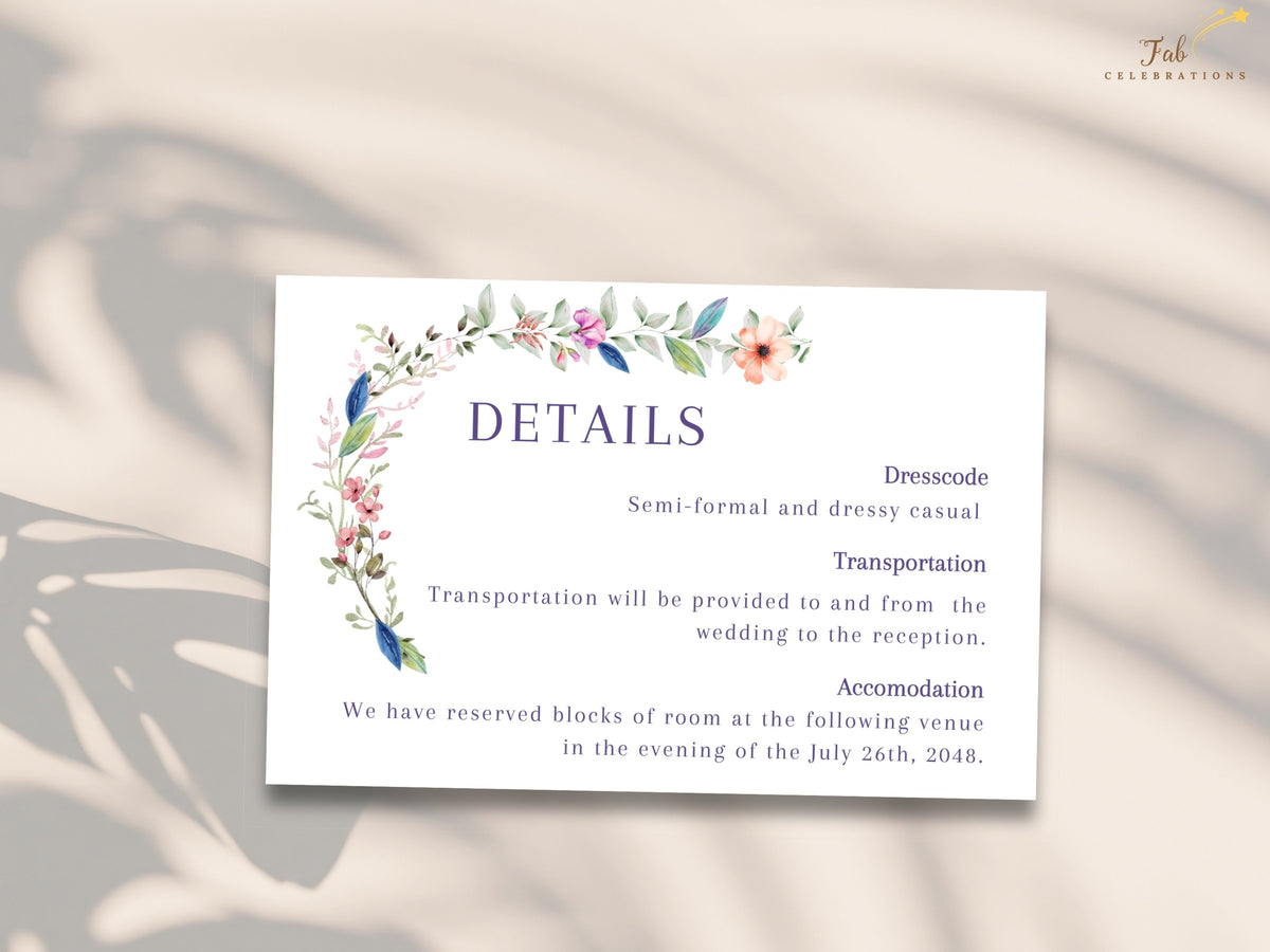 Floral wedding details insert featuring watercolor-inspired botanical accents and editable sections for dress code, transportation arrangements, accommodation, and event information.
