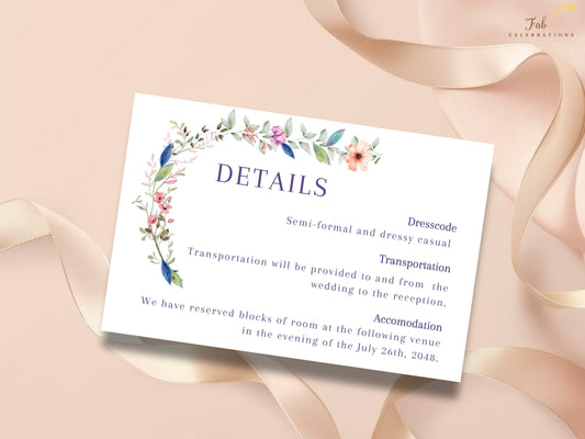Wedding Details Template featuring delicate watercolor-inspired florals with editable sections for dress code, transportation, accommodation, and personalized celebration information.