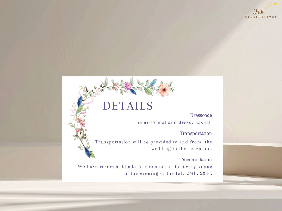 Wedding Details Template presented as a floral wedding insert with watercolor-inspired botanical accents and editable information for transportation, lodging, dress code, and celebration logistics.