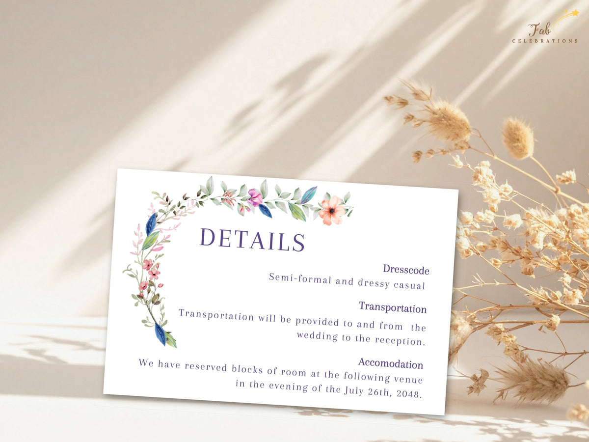 Printable wedding details card featuring watercolor-inspired floral accents with editable guest information for dress code, transportation, accommodation, and celebration arrangements.