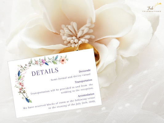 Wedding details template boho floral design with customizable Canva fields for directions, program, and accommodations, printable information card for rustic garden weddings.