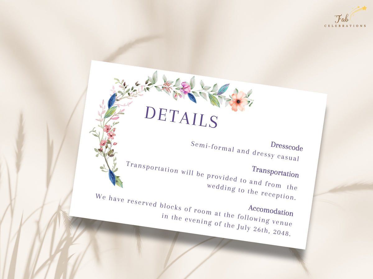 Floral wedding information card with watercolor-inspired blossoms and greenery framing editable details for dress code, transportation, accommodation, and personalized wedding information.