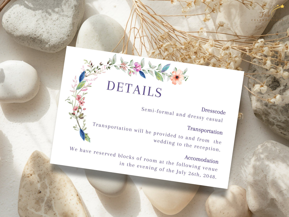 Watercolor-inspired wedding information card with delicate floral decoration and editable wording for dress code, transportation, accommodation, and personalized guest details.