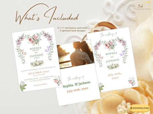 Romantic wedding invitation card with floral heart artwork, editable in Canva, created for couples seeking poetic charm and timeless style for their big day.
