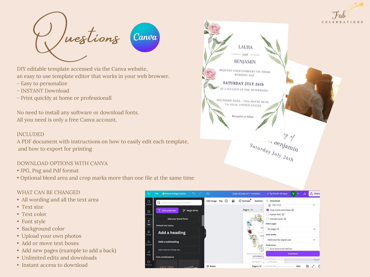 Wedding Invitation Set — Editable Pink Rose Canva Templates Collection