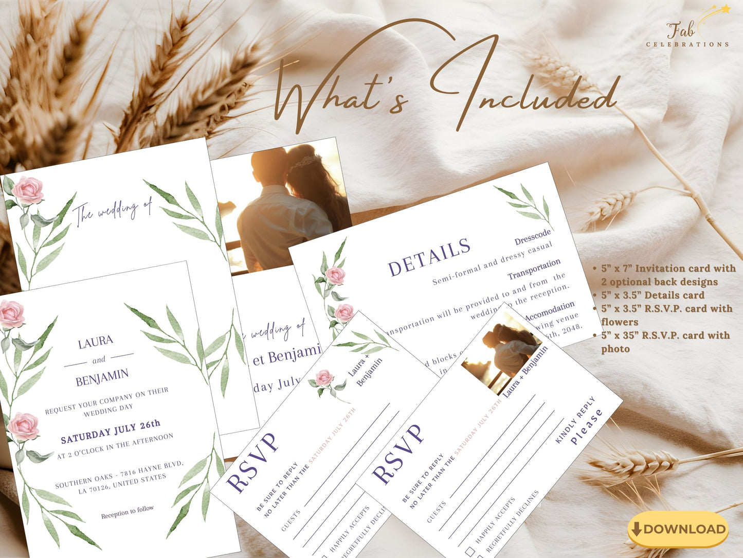 Wedding invitation set featuring pink watercolor roses and sage greenery with elegant typography — 6 editable Canva templates for romantic, modern, and timeless wedding stationery suites.