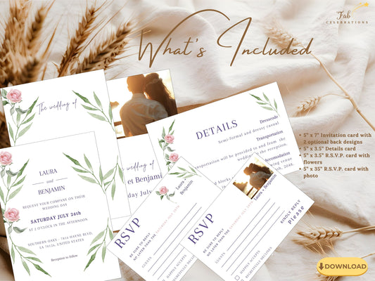 Wedding invitation set featuring pink watercolor roses and sage greenery with elegant typography — 6 editable Canva templates for romantic, modern, and timeless wedding stationery suites.
