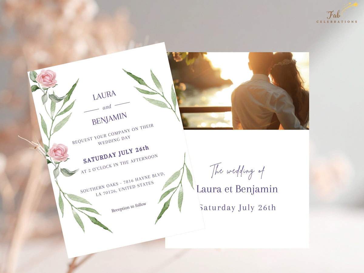 Wedding Invitation Set — Editable Pink Rose Canva Templates Collection