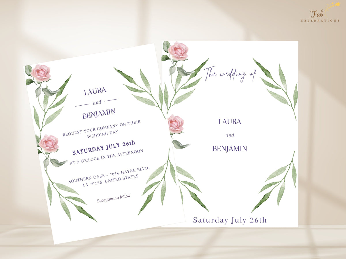 Wedding Invitation Set — Editable Pink Rose Canva Templates Collection