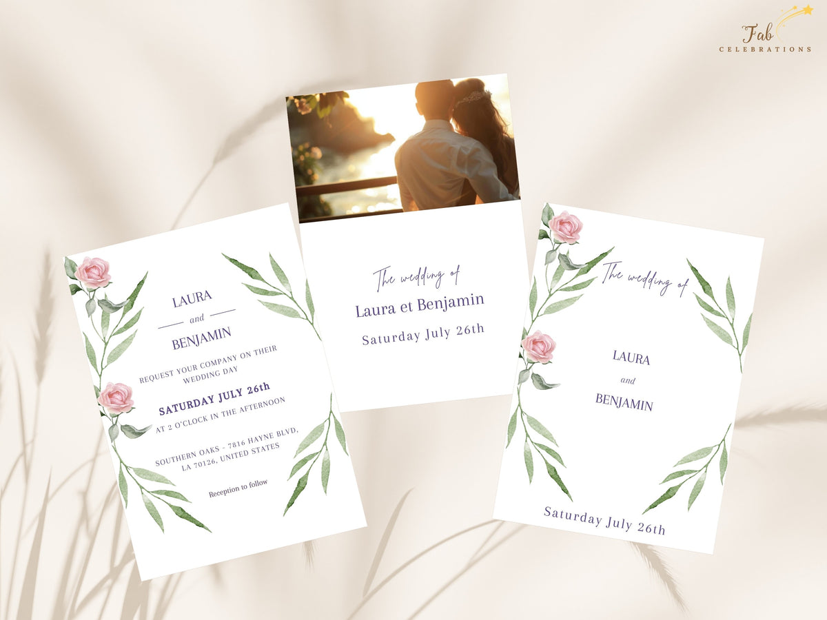 Wedding Invitation Set — Editable Pink Rose Canva Templates Collection