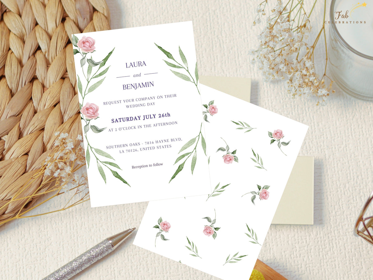 Wedding Invitation Set — Editable Pink Rose Canva Templates Collection