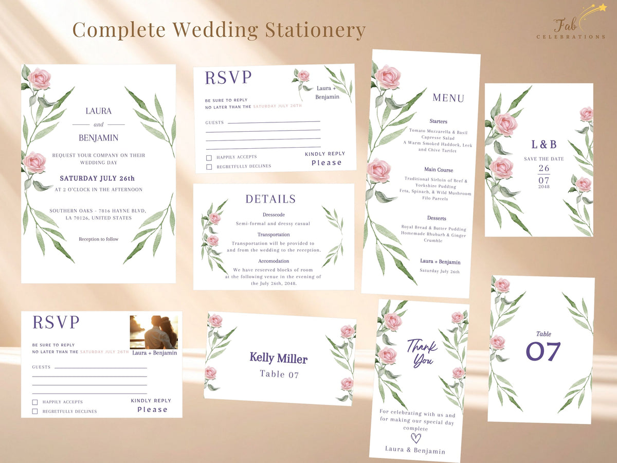 Wedding Invitation Set — Editable Pink Rose Canva Templates Collection