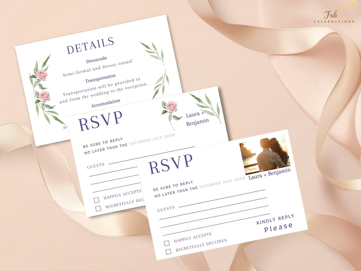 Wedding Invitation Set — Editable Pink Rose Canva Templates Collection