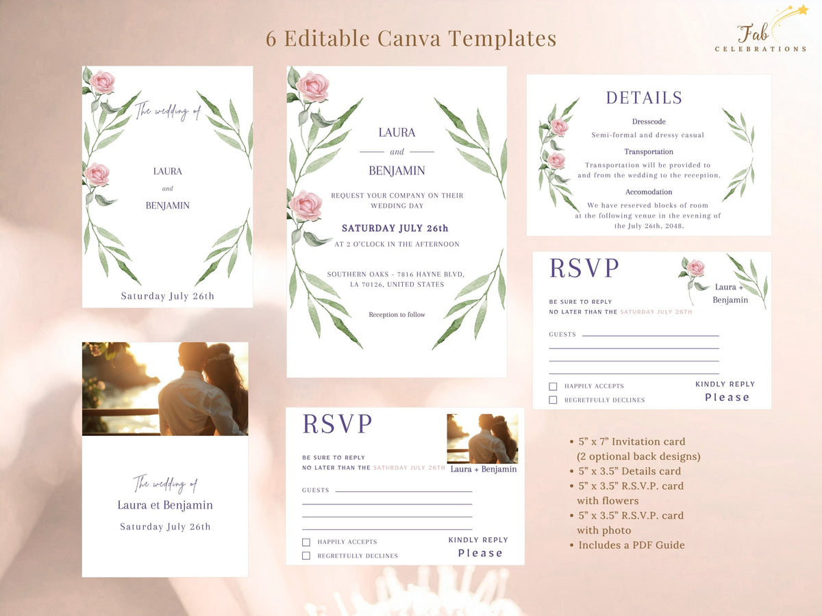 Wedding Invitation Set — Editable Pink Rose Canva Templates Collection
